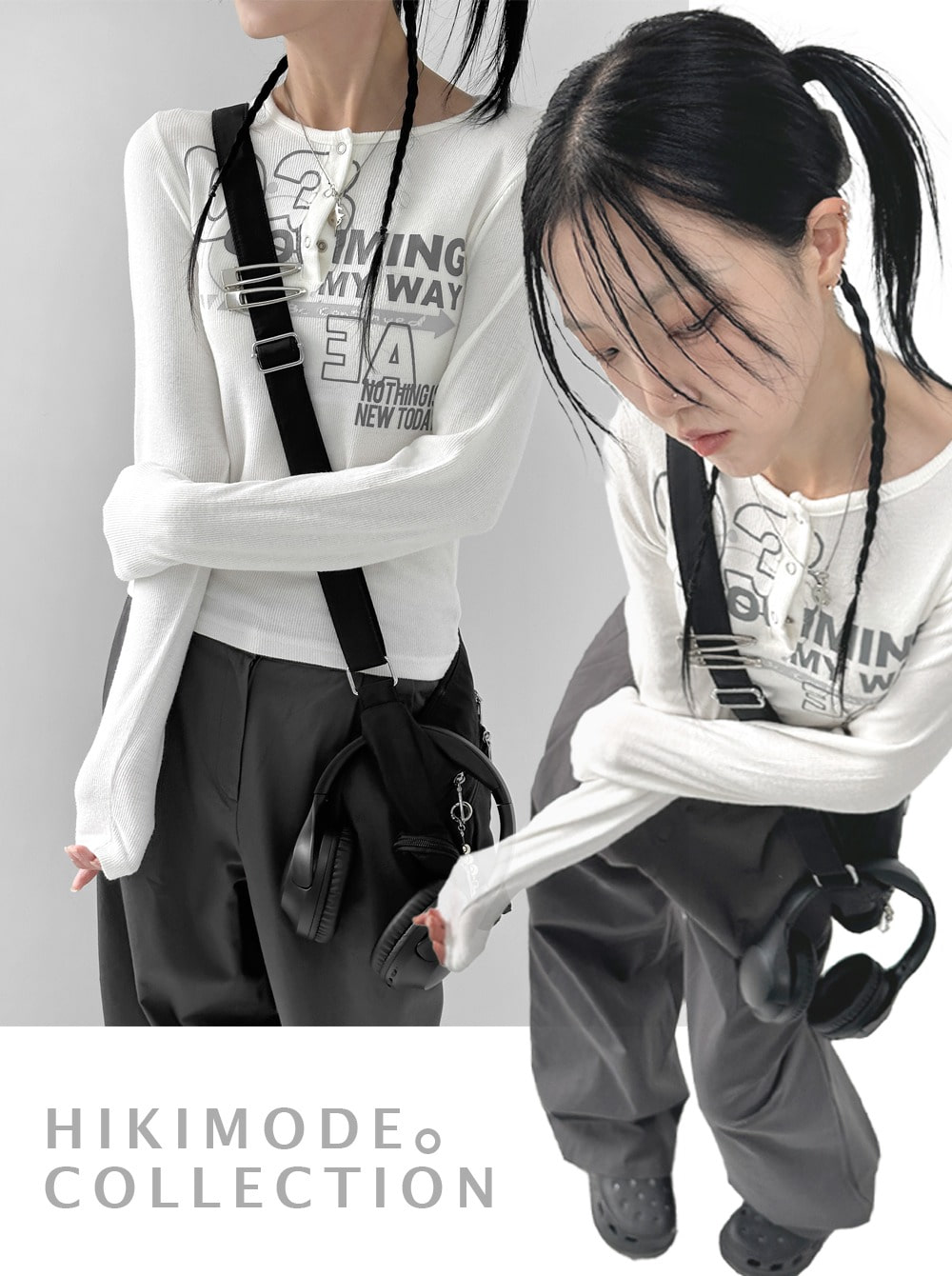 Y2K 레트로 프린팅 스냅단추 골지 레이어드 기모 긴팔티셔츠